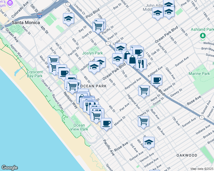 map of restaurants, bars, coffee shops, grocery stores, and more near 504 Hill Street in Santa Monica