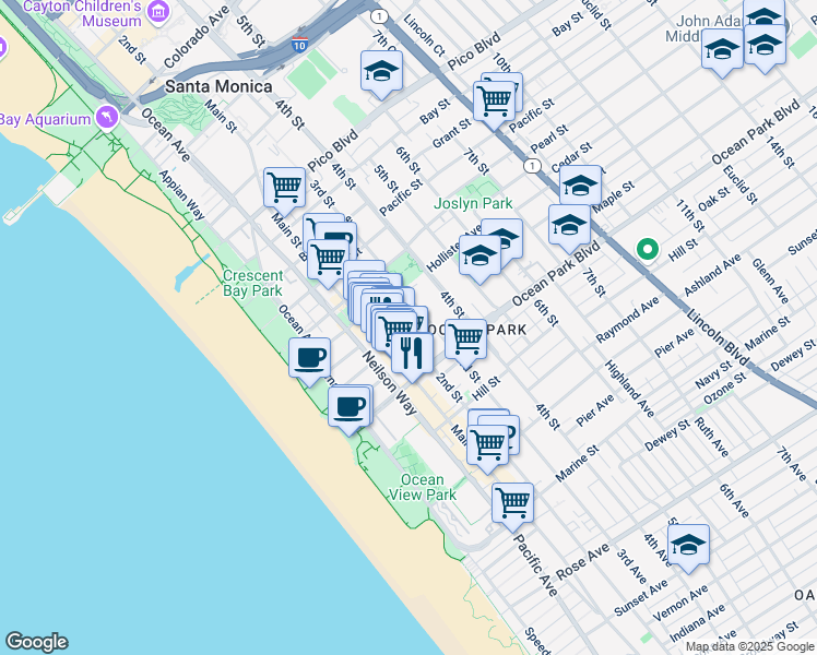 map of restaurants, bars, coffee shops, grocery stores, and more near 2513 2nd Street in Santa Monica