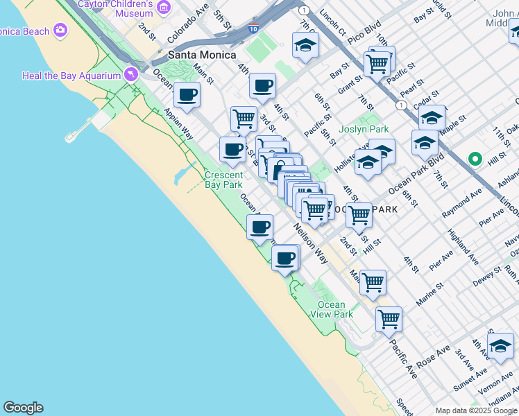 map of restaurants, bars, coffee shops, grocery stores, and more near 2306 Ocean Avenue in Santa Monica