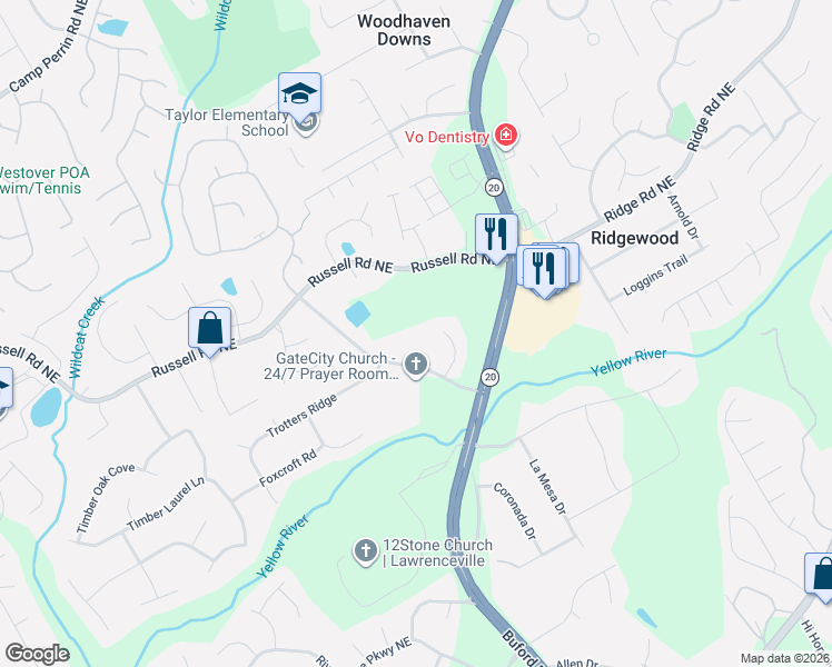 map of restaurants, bars, coffee shops, grocery stores, and more near 1482 Creekland Cove in Lawrenceville