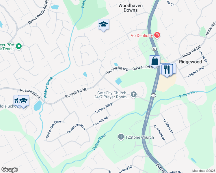 map of restaurants, bars, coffee shops, grocery stores, and more near 449 Tara Oaks Trail in Lawrenceville