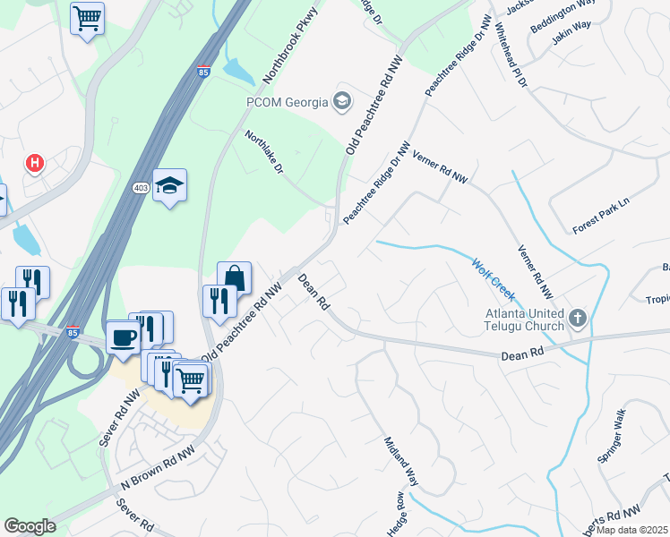 map of restaurants, bars, coffee shops, grocery stores, and more near 2457 Birkhall Way Northwest in Lawrenceville