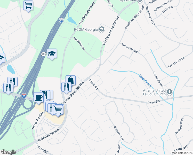 map of restaurants, bars, coffee shops, grocery stores, and more near 2488 Birkhall Way Northwest in Lawrenceville