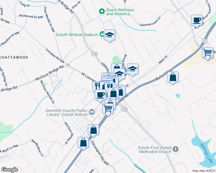 map of restaurants, bars, coffee shops, grocery stores, and more near 3579 West Lawrenceville Street in Duluth