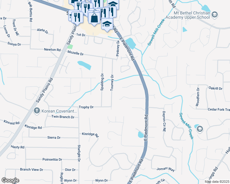 map of restaurants, bars, coffee shops, grocery stores, and more near 2152 Tourney Drive in Marietta