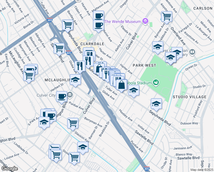 map of restaurants, bars, coffee shops, grocery stores, and more near 4318 Tuller Avenue in Culver City