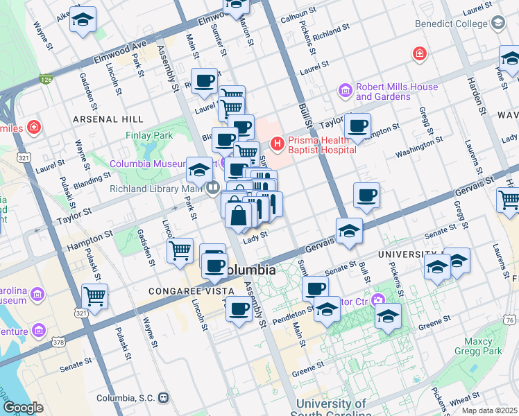 map of restaurants, bars, coffee shops, grocery stores, and more near 1328 Main Street in Columbia