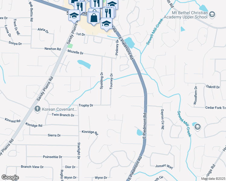 map of restaurants, bars, coffee shops, grocery stores, and more near 2152 Tourney Drive in Marietta
