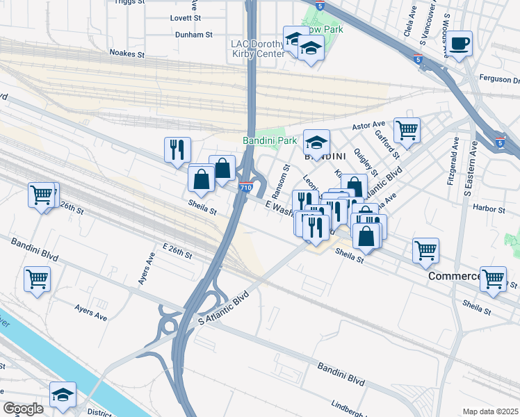 map of restaurants, bars, coffee shops, grocery stores, and more near 4915 Sheila Street in Commerce