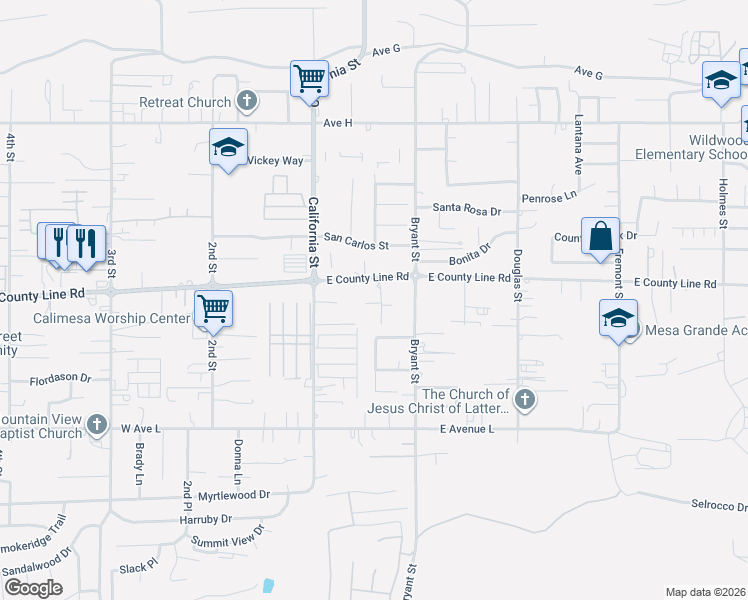 map of restaurants, bars, coffee shops, grocery stores, and more near 916 Stearns Street in Calimesa