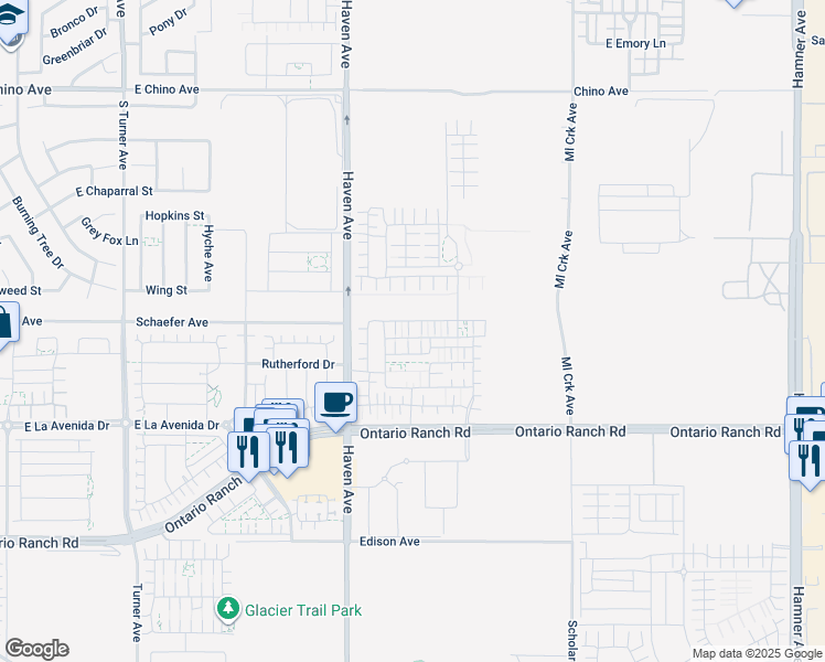 map of restaurants, bars, coffee shops, grocery stores, and more near 3591 E. Moonlight St. in Ontario