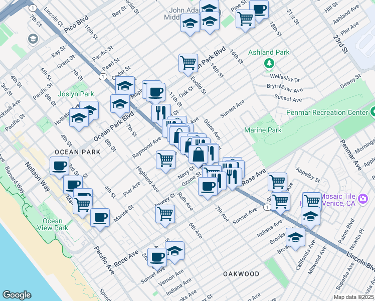 map of restaurants, bars, coffee shops, grocery stores, and more near 3013 Lincoln Boulevard in Santa Monica