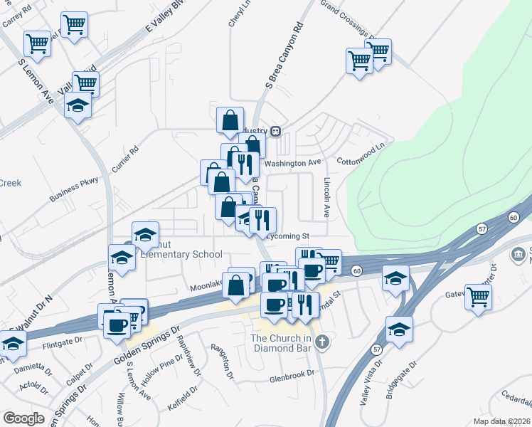 map of restaurants, bars, coffee shops, grocery stores, and more near 857 Windwood Drive in Walnut