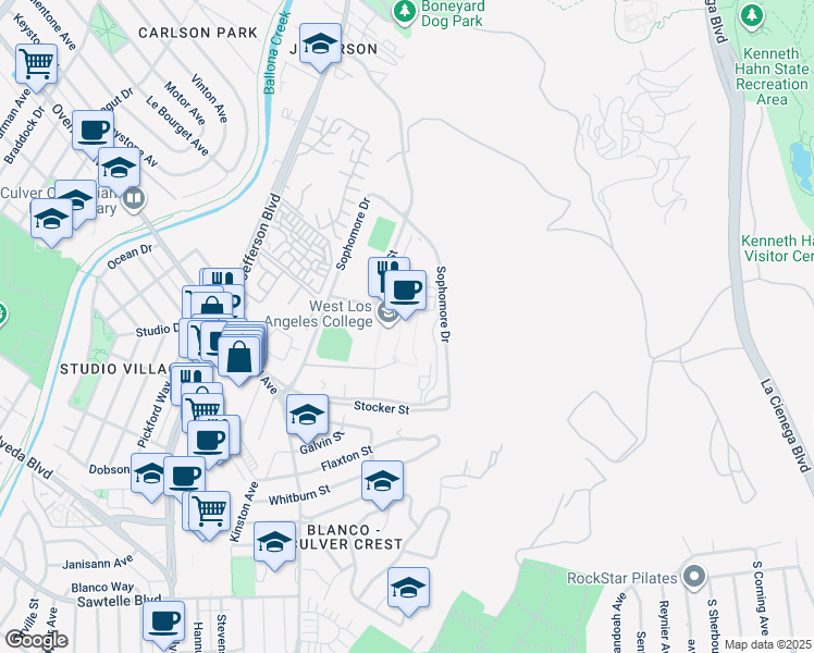 map of restaurants, bars, coffee shops, grocery stores, and more near 9000 Overland Avenue in Culver City