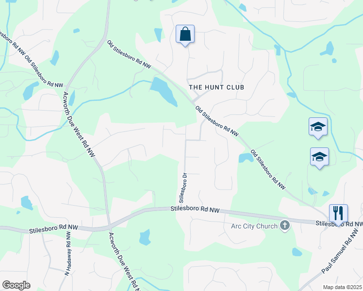 map of restaurants, bars, coffee shops, grocery stores, and more near 2035 Stilesboro Drive in Kennesaw