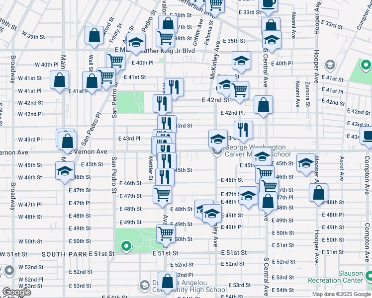 map of restaurants, bars, coffee shops, grocery stores, and more near 716 East Vernon Avenue in Los Angeles