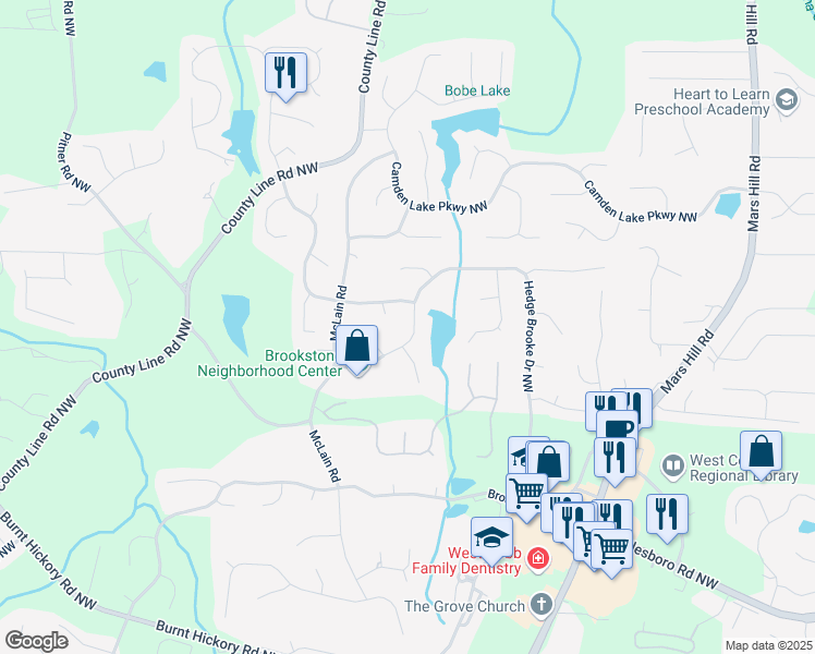 map of restaurants, bars, coffee shops, grocery stores, and more near 5578 Hedge Brooke Drive Northwest in Acworth