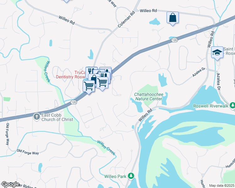 map of restaurants, bars, coffee shops, grocery stores, and more near 2076 Merrimont Way in Roswell