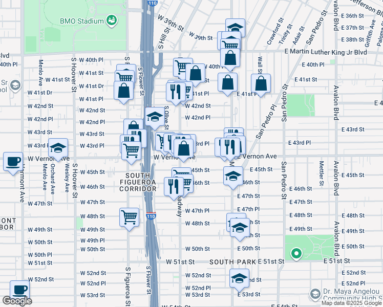 map of restaurants, bars, coffee shops, grocery stores, and more near 4400 South Broadway in Los Angeles