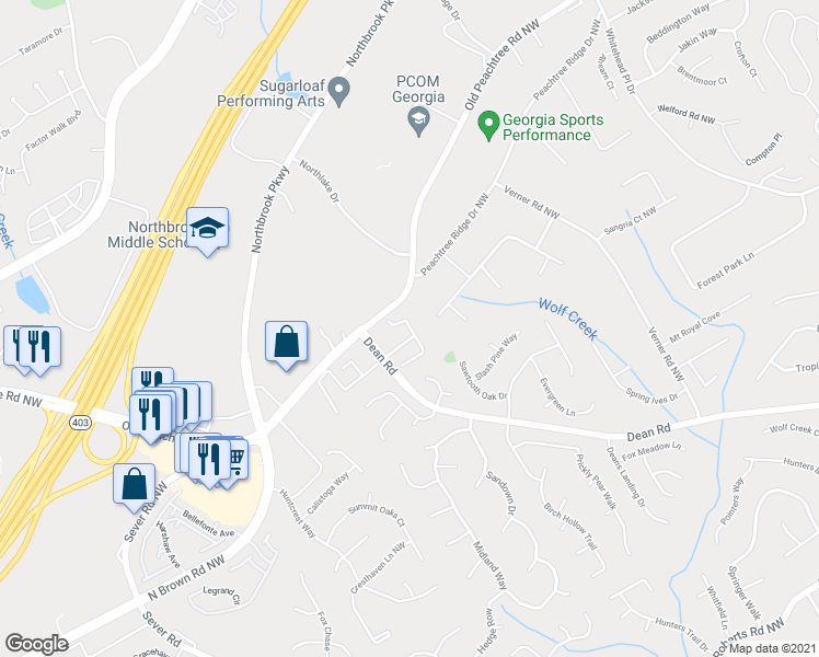 map of restaurants, bars, coffee shops, grocery stores, and more near 2457 Birkhall Way Northwest in Lawrenceville
