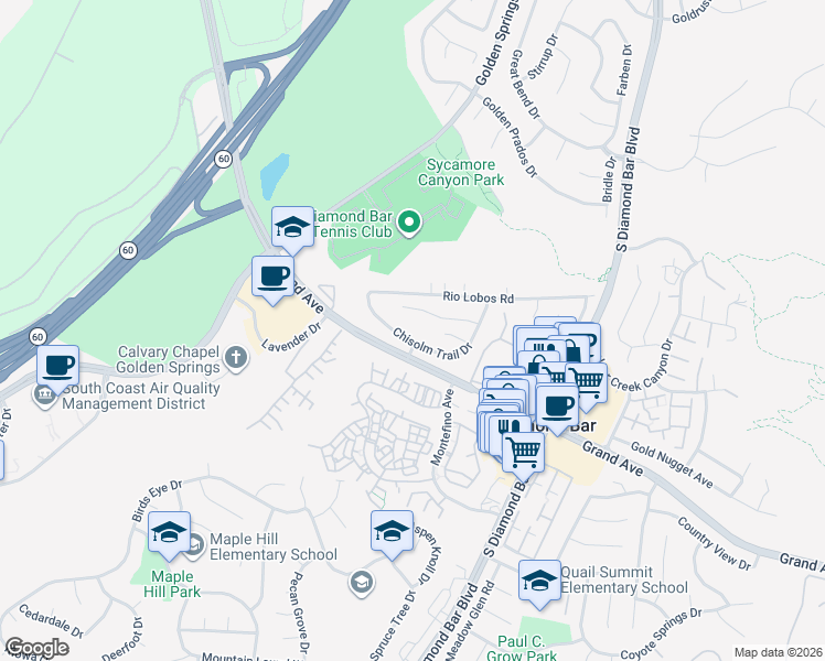 map of restaurants, bars, coffee shops, grocery stores, and more near 1177 Chisolm Trail Drive in Diamond Bar