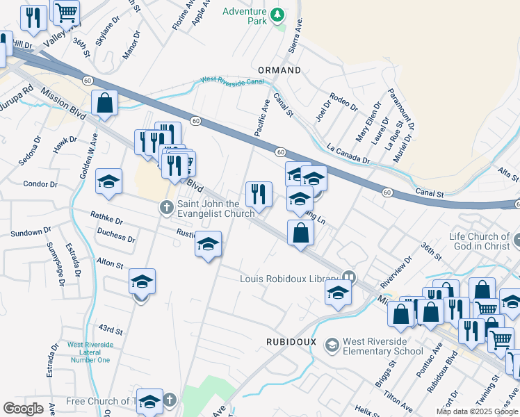 map of restaurants, bars, coffee shops, grocery stores, and more near 6045 Mission Boulevard in Riverside