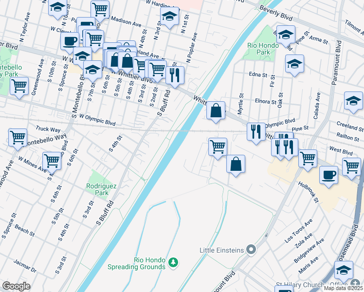 map of restaurants, bars, coffee shops, grocery stores, and more near 331 Riverview Road in Montebello