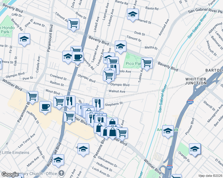 map of restaurants, bars, coffee shops, grocery stores, and more near 9322 Walnut Avenue in Pico Rivera