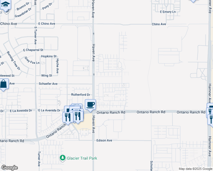 map of restaurants, bars, coffee shops, grocery stores, and more near 3571 E. Moonlight St. in Ontario