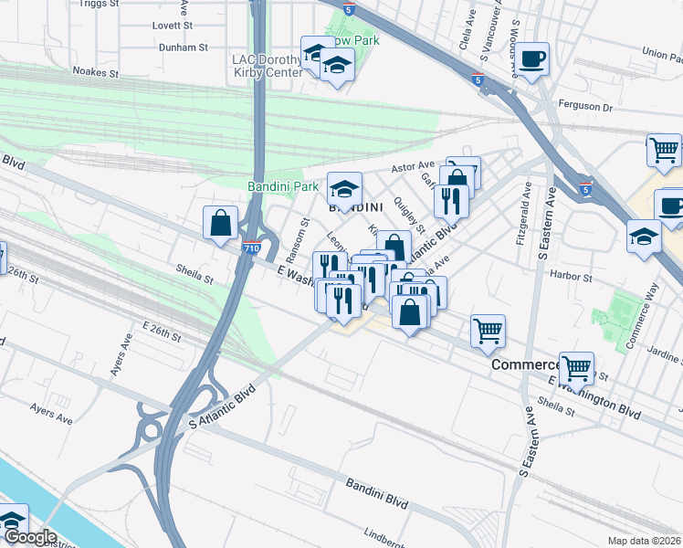 map of restaurants, bars, coffee shops, grocery stores, and more near 5117 East Washington Boulevard in Commerce