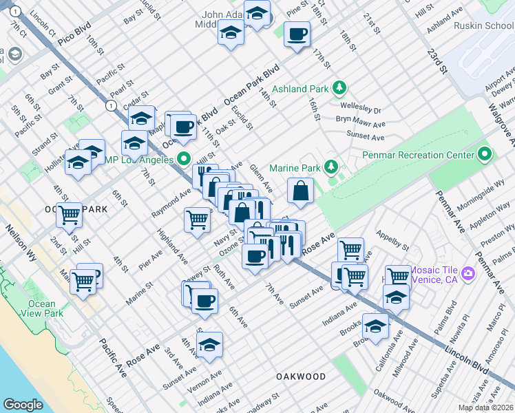 map of restaurants, bars, coffee shops, grocery stores, and more near 1018 Marine Street in Santa Monica
