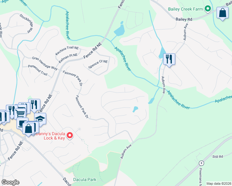 map of restaurants, bars, coffee shops, grocery stores, and more near 505 Ballyshnnon Drive in Dacula