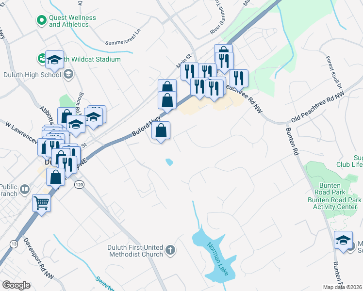 map of restaurants, bars, coffee shops, grocery stores, and more near 2830 Pine Cone Lane in Duluth