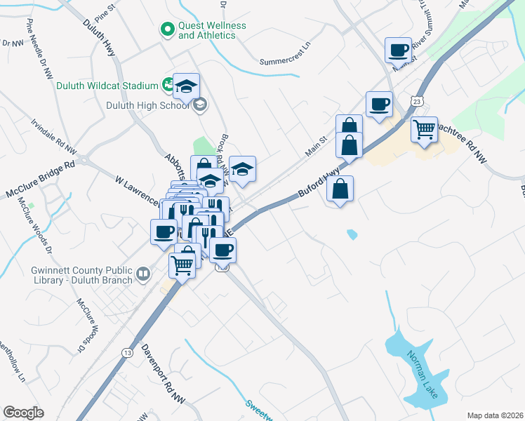 map of restaurants, bars, coffee shops, grocery stores, and more near 2965 Buford Highway in Duluth