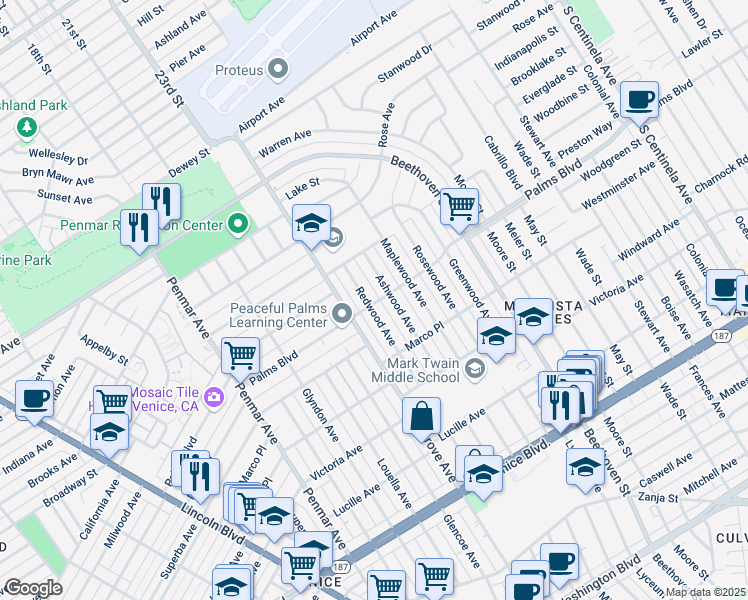 map of restaurants, bars, coffee shops, grocery stores, and more near 3496 Redwood Avenue in Los Angeles