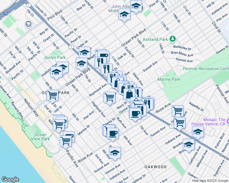 map of restaurants, bars, coffee shops, grocery stores, and more near 3012 Bentley Court in Santa Monica