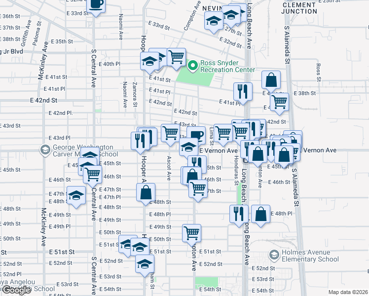 map of restaurants, bars, coffee shops, grocery stores, and more near 4445 Compton Avenue in Los Angeles