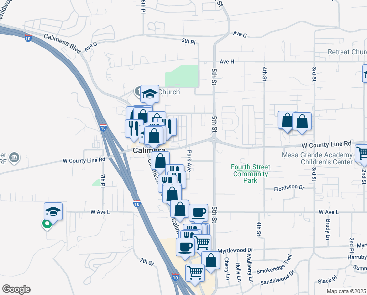 map of restaurants, bars, coffee shops, grocery stores, and more near 906 Park Avenue in Calimesa