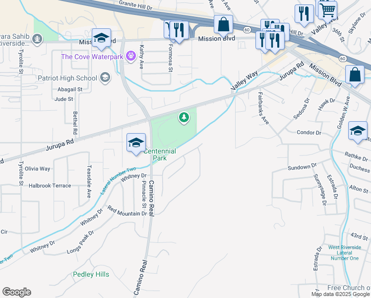 map of restaurants, bars, coffee shops, grocery stores, and more near 4689 Eagle Ridge Court in Riverside