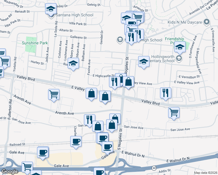 map of restaurants, bars, coffee shops, grocery stores, and more near 2601 East Valley Boulevard in West Covina
