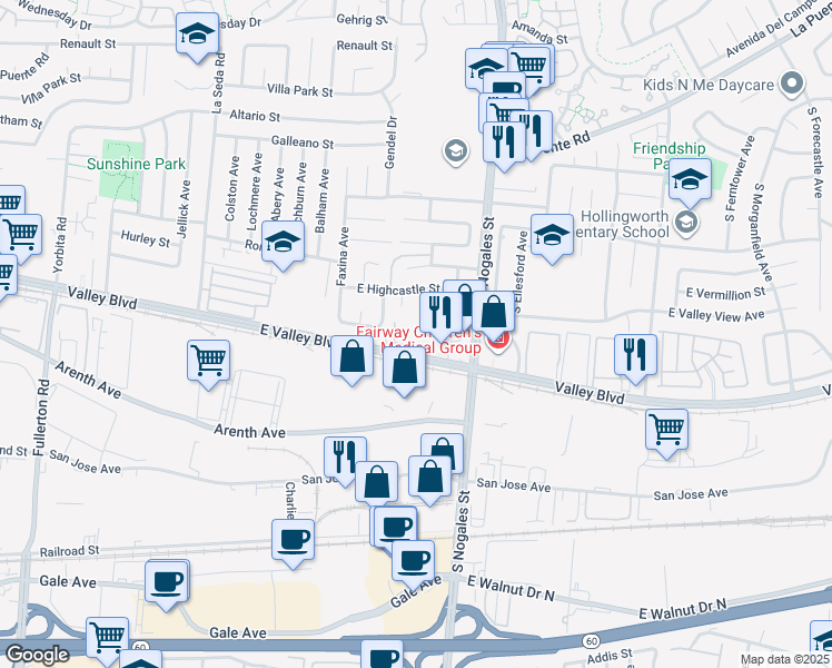 map of restaurants, bars, coffee shops, grocery stores, and more near 2601 Valley Boulevard in West Covina