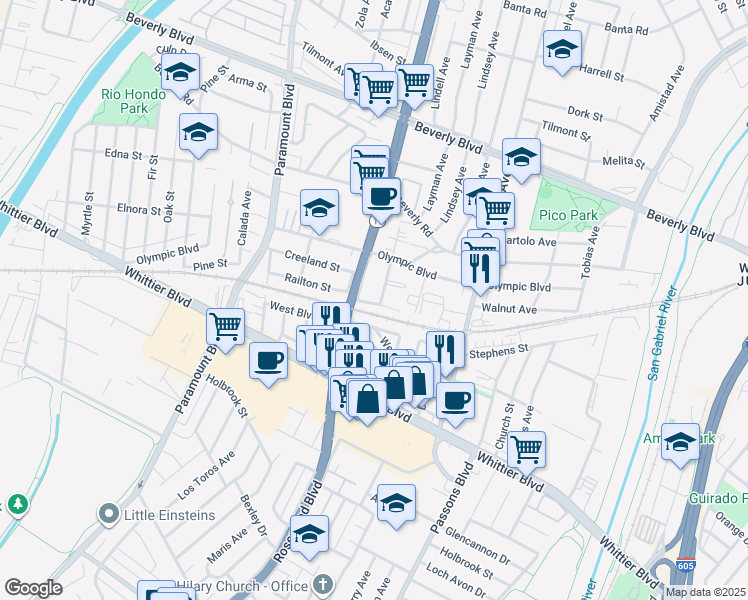 map of restaurants, bars, coffee shops, grocery stores, and more near 9112 Union Street in Pico Rivera