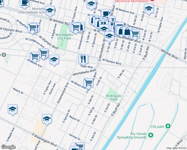 map of restaurants, bars, coffee shops, grocery stores, and more near 500 South Montebello Boulevard in Montebello