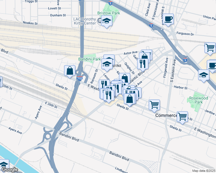 map of restaurants, bars, coffee shops, grocery stores, and more near 5117 East Washington Boulevard in Commerce
