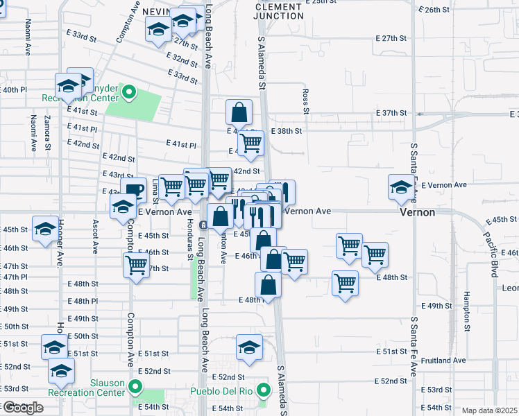 map of restaurants, bars, coffee shops, grocery stores, and more near 1832 East Vernon Avenue in Vernon