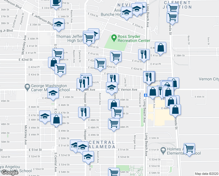 map of restaurants, bars, coffee shops, grocery stores, and more near 4445 Compton Avenue in Los Angeles