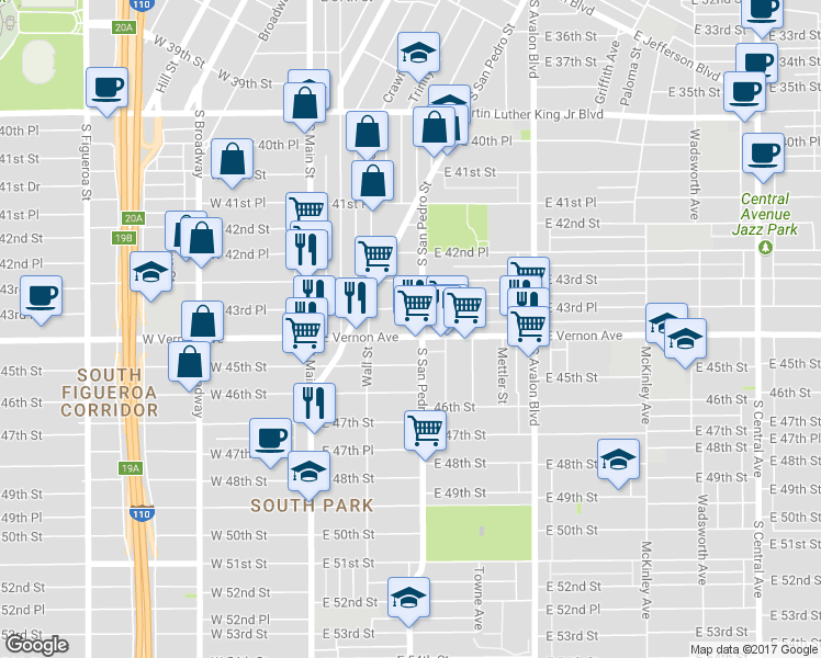map of restaurants, bars, coffee shops, grocery stores, and more near 234 East Vernon Avenue in Los Angeles
