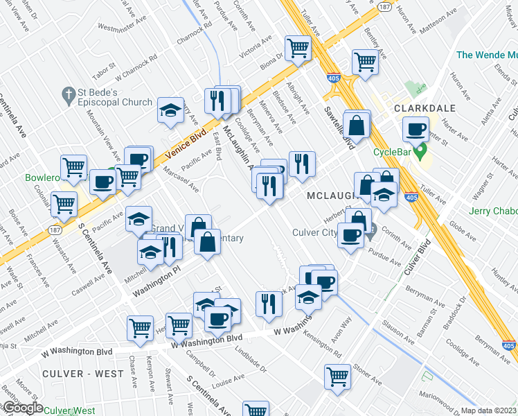 map of restaurants, bars, coffee shops, grocery stores, and more near in Los Angeles