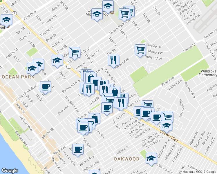 map of restaurants, bars, coffee shops, grocery stores, and more near 1002 Marine Street in Santa Monica