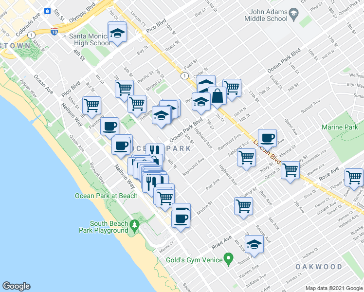 map of restaurants, bars, coffee shops, grocery stores, and more near 504 Hill Street in Santa Monica